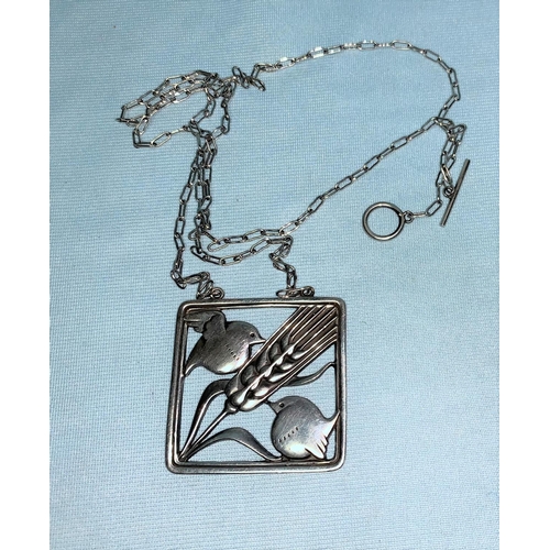 425 - Georg Jensen:  sterling silver square framed necklace, a pair of birds perched on wheat blade, 3.5 c... 