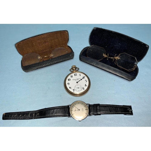 447 - A gents Rotary analogue wristwatch; an American pocket watch (screw off back); 2 pairs of pince-nez