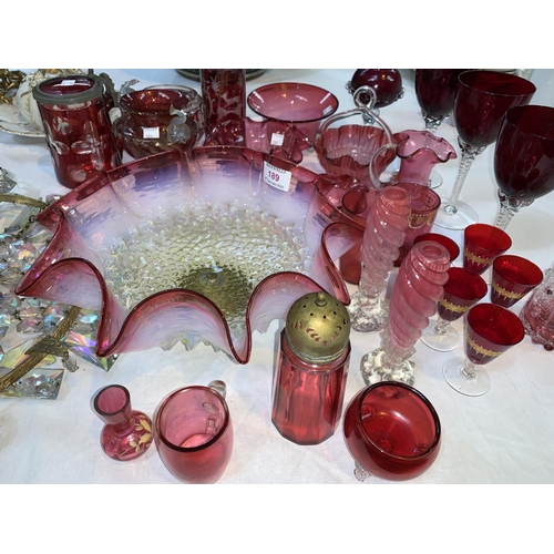 189 - A 19th century Vaseline/cranberry glass fruit bowl of form, on metal foot(a.f.); a Murano ruby glass... 