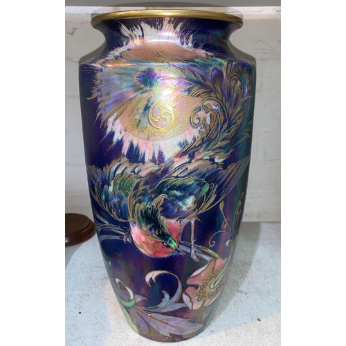 261 - Walter Slater for Shelley, a large tapering lustre vase decorated with exotic birds and flowers in p... 