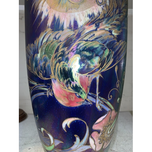 261 - Walter Slater for Shelley, a large tapering lustre vase decorated with exotic birds and flowers in p... 