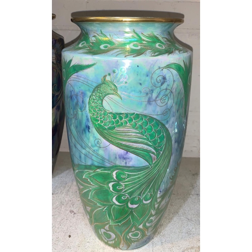 262 - Walter Slater for Shelley, a large tapering lustre vase decorated with peacocks in green and gilt ag... 