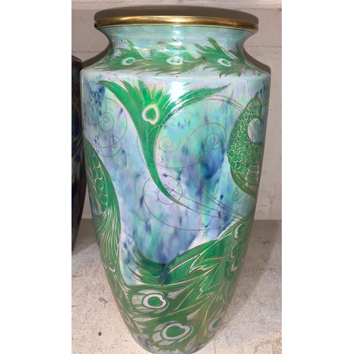 262 - Walter Slater for Shelley, a large tapering lustre vase decorated with peacocks in green and gilt ag... 