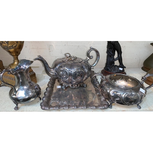 382 - A Victorian tea set and tray with embossed ribbed decoration