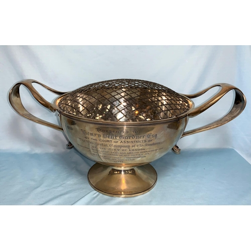 384 - A fine Art Nouveau silver rose bowl with twin loop handles, presentation inscription:  