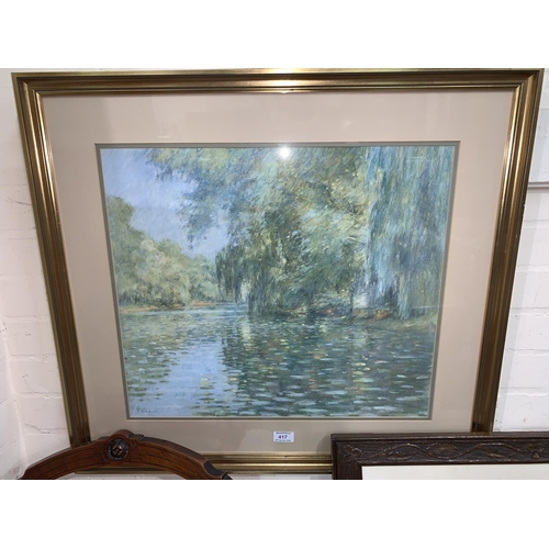 417 - Bob Richardson:  pastel, impressionistic scene of weeping willows surrounding water, signed, 4 x54 c... 