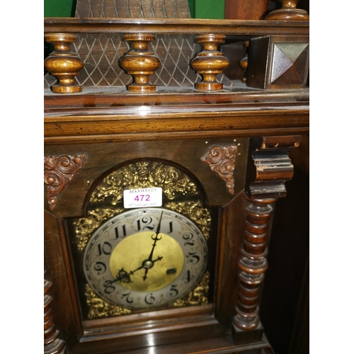 472 - A 19th century bracket clock in carved walnut architectural case, spindle turned decoration, brass d... 