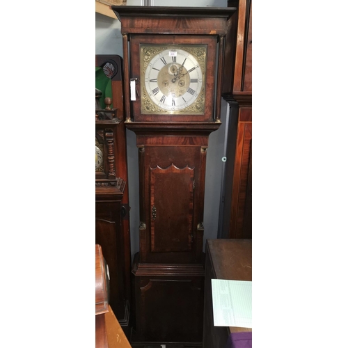 635 - An 18th century crossbanded oak longcase clock by Fran Moore, London, square hood with turned column... 