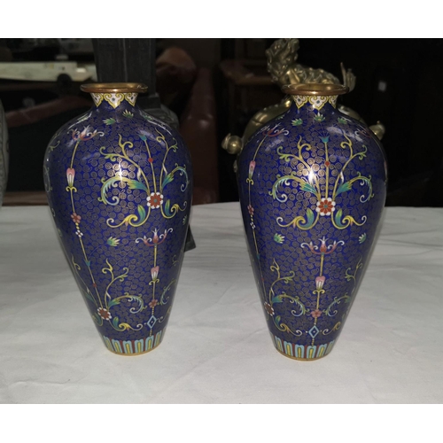 114c - A pair of Chinese 19th century blue ground cloisonnee vases, height 19cm