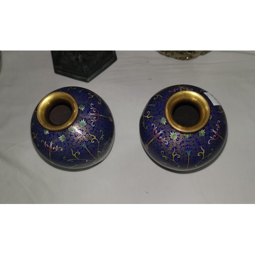 114c - A pair of Chinese 19th century blue ground cloisonnee vases, height 19cm