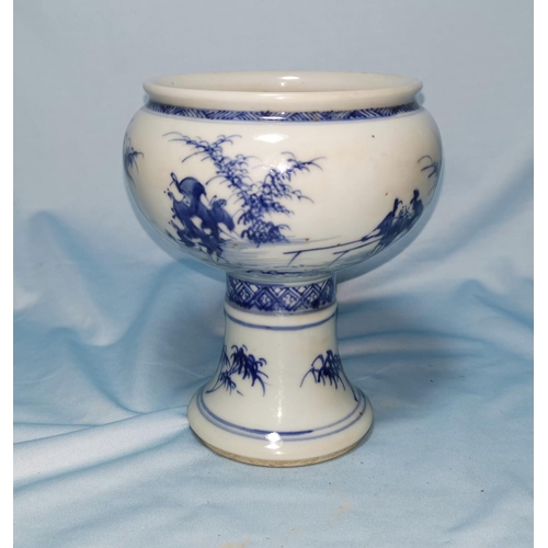 125a - A Chinese blue & white porcelain goblet decorated with farming scenes, height 14.5 cm