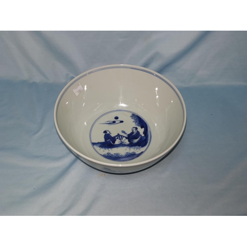 132B - A Chinese blue and white bowl decorated with warriors with six character mark to base diameter 19.5c... 