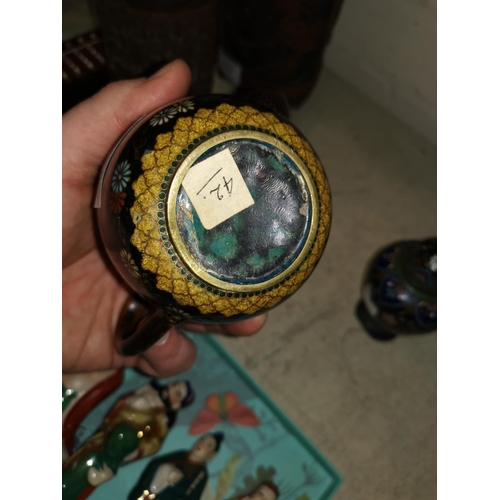 145 - An oriental cloisonné miniature teapot; a similar covered urn, 11 & 10 cm