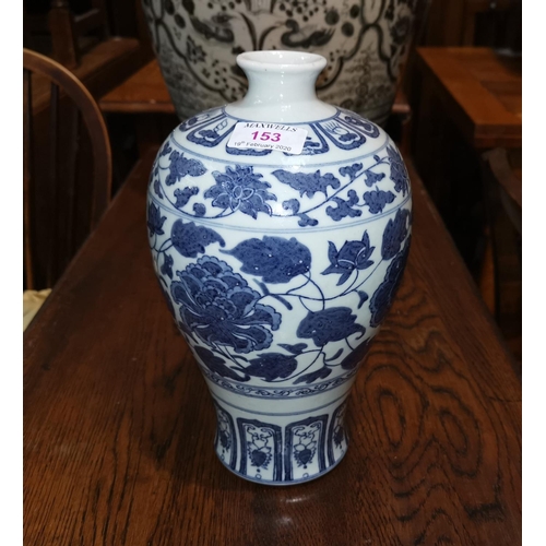 153 - A 20th century Chinese Meiping vase decorated with leaves and flowers in underglaze blue, 6 characte... 