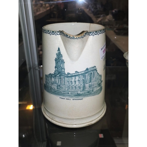 198 - A rare pottery jug commemorating the opening of Stockport Town Hall July 7th 19089 (a.f.), 17 cm