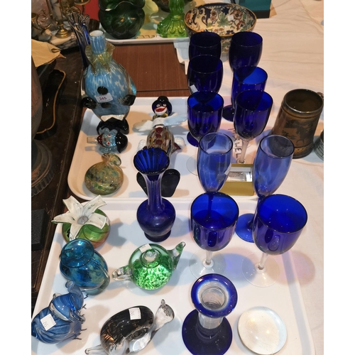 245 - Two Murano clown bottles and a selection of coloured glassware