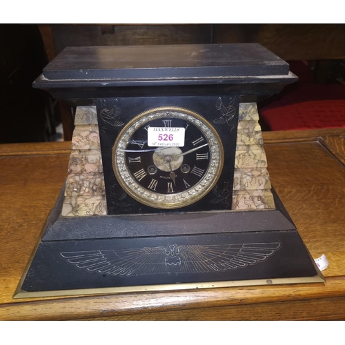 526 - An unusual mantel clock in slate and marble case, with Egyptian detailing, by W & M Dodge, Mancheste... 