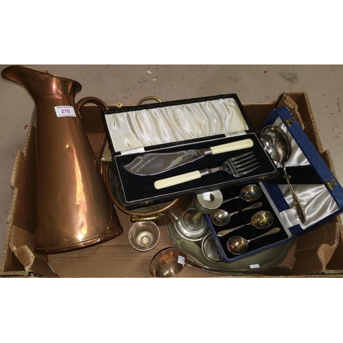 270 - Three boxed sets of cutlery; other silver plate including large silver plated ladle and metalware