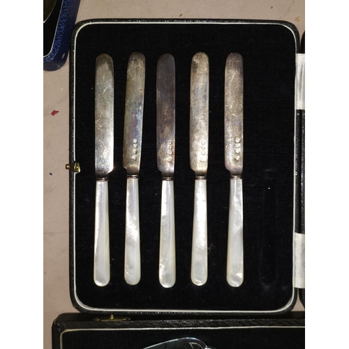 270 - Three boxed sets of cutlery; other silver plate including large silver plated ladle and metalware