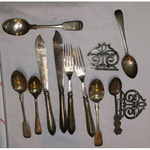 281 - A silver belt buckle; a quantity of silver spoons; other silver handled cutlery