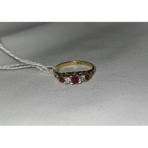 332 - A late Victorian 5 stone ring set 2 diamonds and 3 ruby coloured stones in split shank, Birmingham 1... 