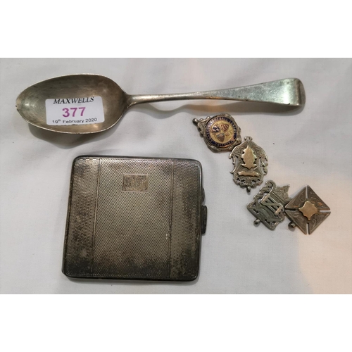 377 - A mid 18th century silver tablespoon (marks worn); 4 silver medallions, 3.5 oz; a silver plated ciga... 
