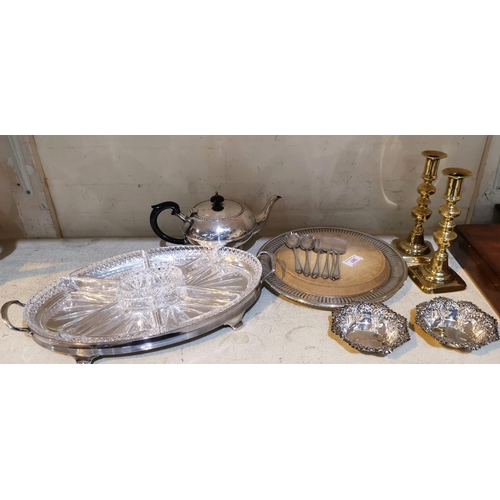 387 - An EPNS and glass hors d'oeuvres dish; a breadboard; teapot; pair of sweetmeat dishes; a pair of bra... 