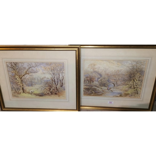 426 - A Platt:  wooded landscape scenes with figures and animals, pair of watercolours, signed, 25 x 37 cm... 