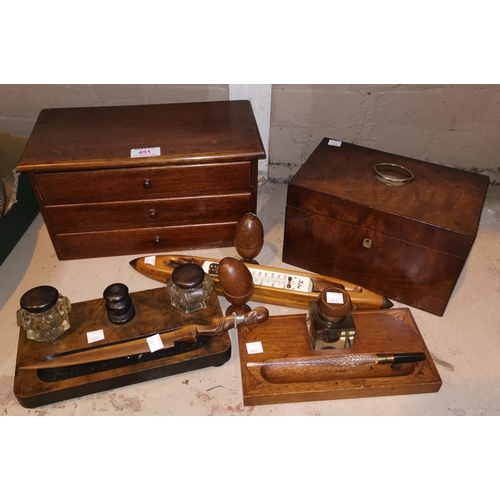 451 - A selection of treen:  mahogany miniature 3 height chest ; 2 inkwells; etc.
