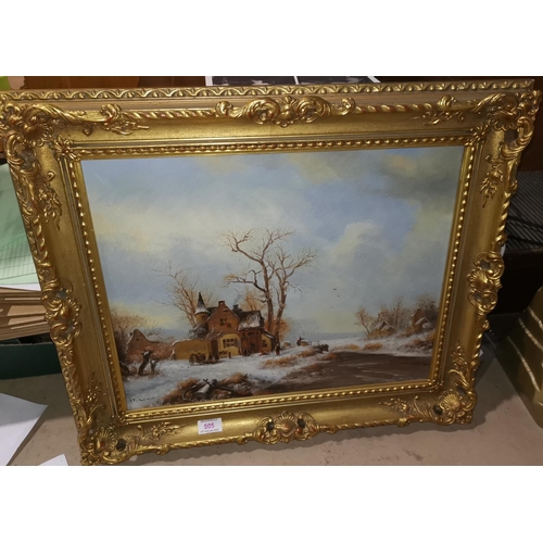 505 - D Long:  oil on canvas, winter countryside scene, 39 x 49 cm, in ornate gilt frame