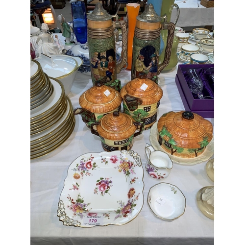 179 - A Royal Crown Derby strawberry set; a cottage ware tea set; 2 steins; etc.