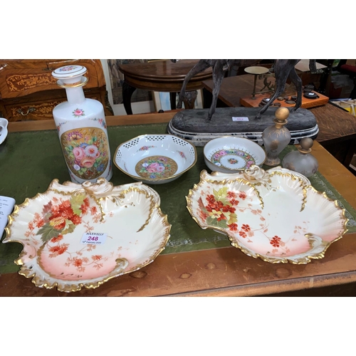 248 - A pair of Limoges shell dishes; a Limoges hand painted decanter and 2 dishes; a JBD scent bottle