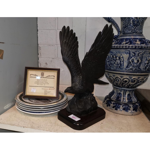 457 - A limited edition eagle sculpture by Tom Mackie, with certificate; a watercolour of Denshaw Whit Wal... 