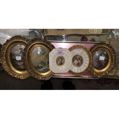 480 - Two early/mid 20th century miniatures in gilt and ivory effect frames; other miniatures