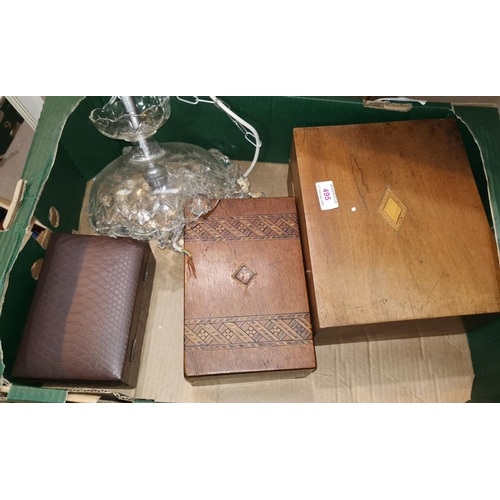 495 - A walnut writing box; another wooden box; a jewellery box; a crystal light fitting