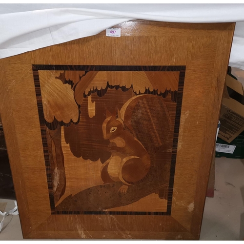 497 - An Art Deco marquetry panel depicting a squirrel, possibly Rowley Gallery, 76 x 66 cm