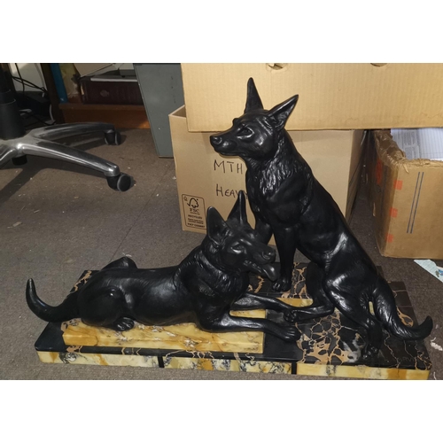 503 - An Art Deco cast metal sculpture of 2 Alsatian dogs, stepped variegated marble plinth base, height 4... 