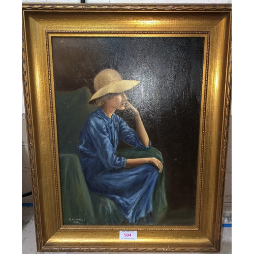 504a - D Russell 1980:  oil on board, study of a woman in blue dress and hat, 39 x 29 cm