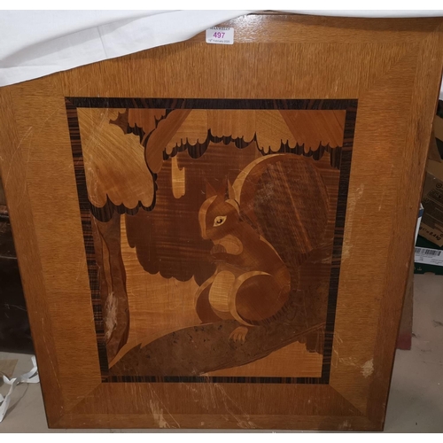 497 - An Art Deco marquetry panel depicting a squirrel, possibly Rowley Gallery, 76 x 66 cm