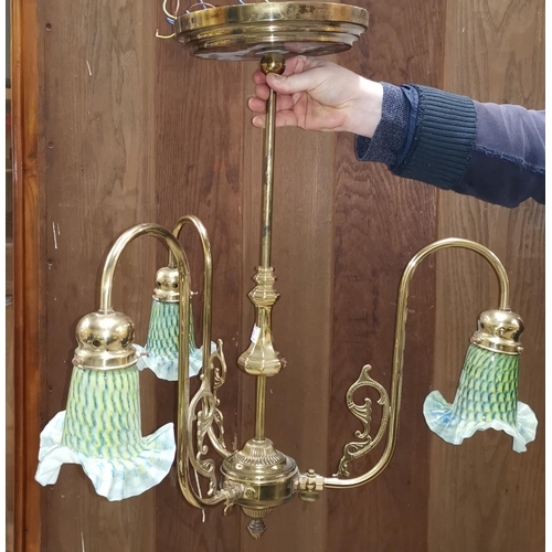 512 - A brass 3 branch chandelier with flared green glass shades