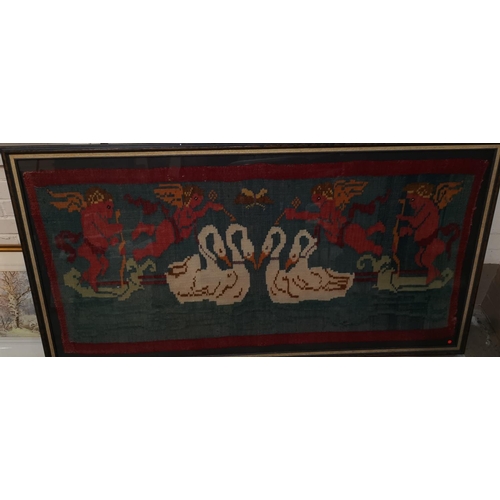 518 - A painted digeridoo; 2 framed antique kilims