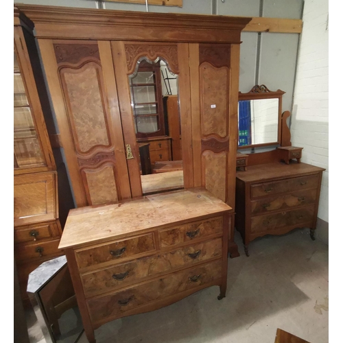 520 - An Edwardian stripped and re-finished burr walnut bedroom suite comprising mirror door wardrobe with... 