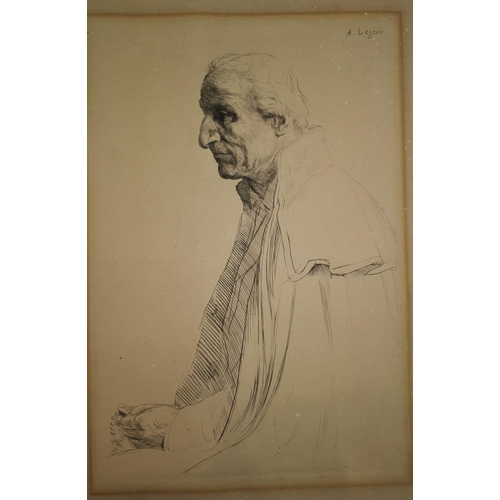 529 - After A Legros: etching of seated man; a 1950's chalk sketch of a woman