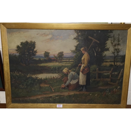 537 - R W Bates: oil on canvas, woman in farm scape, 49 x 45cm