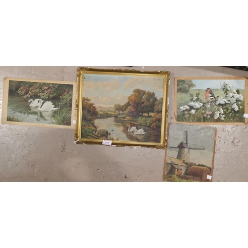 538 - R W Bates: oil on board, swans on river, framed; a similar oil by Bates of 2 swans; 2 others oils by... 