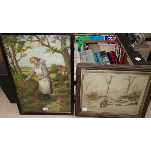 539 - R W Bates: oil on board, woman picking flowers, framed and glazed; a water colour, winter scene, by ... 
