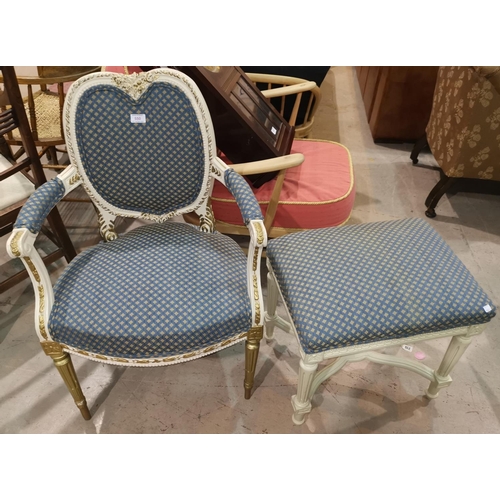 550 - An early/mid 20th century French armchair and stool with cream and gilt frame, reupholstered in turq... 