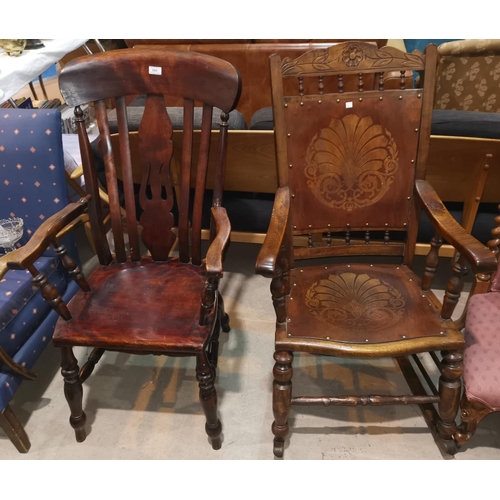 560 - A farmhouse style armchair with fiddle back; an Edwardian embossed wood rocking chair