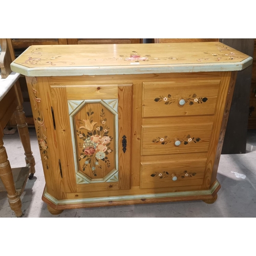 592 - A stripped pine chest with 3 drawers and single cupboard, on bun feet, hand painted in the Russian m... 