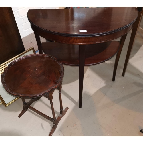 594 - A mahogany reproduction demi-lune side table with shelf below; a mahogany occasional table